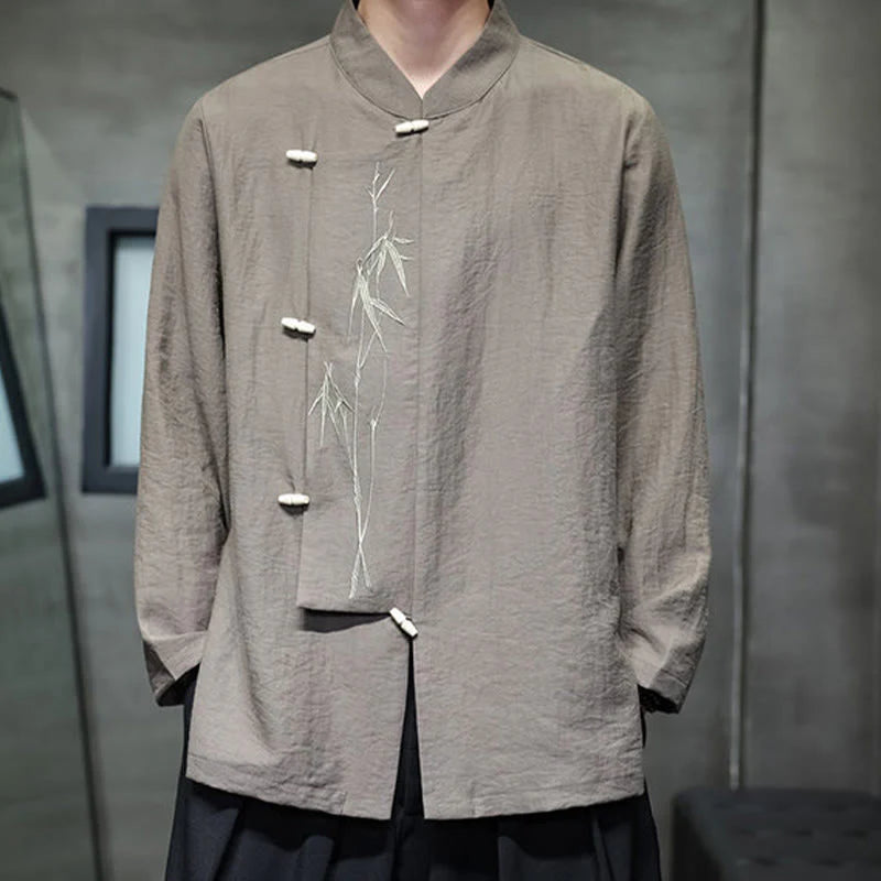 Buddha Stones Fall Solid Color Bamboo Leaf Embroidery Men's Long Sleeve Cotton Linen Shirt