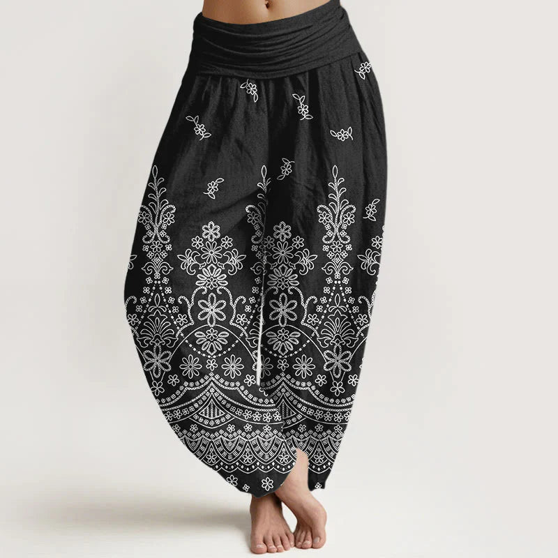 Buddha Stones Cotton Mandala White Flower Pattern Women's Elastic Waist Harem Pants