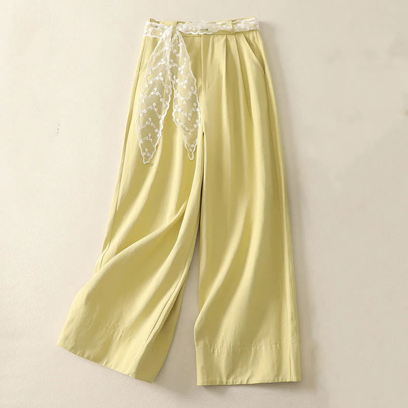 Buddha Stones Daily Solid Color Lace Belt Women's Wide Leg Cotton Pants With Pockets