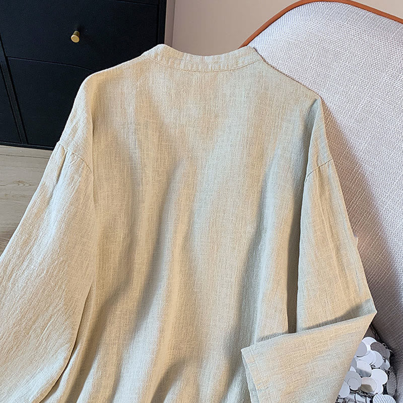 Buddha Stones Casual Women's Plain Frog-Button Stand Collar Design Long Sleeve Shirt