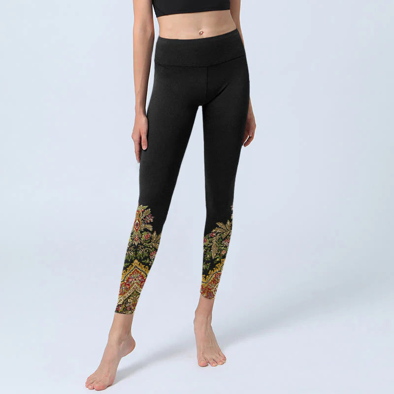 Buddha Stones Delicate Warm Tones Flower Leaf Pattern Print Gym Leggings Women's Yoga Pants