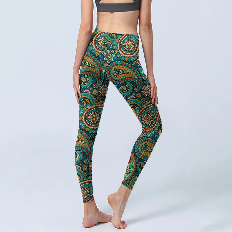 Buddha Stones Retro Paisley Pattern Print Gym Leggings Women's Yoga Pants