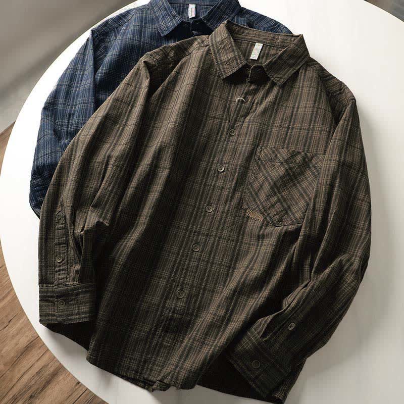 Buddha Stones Fall Commute Embroidery Plaid Pattern Men's Cotton Long Sleeve Shirts With Pocket