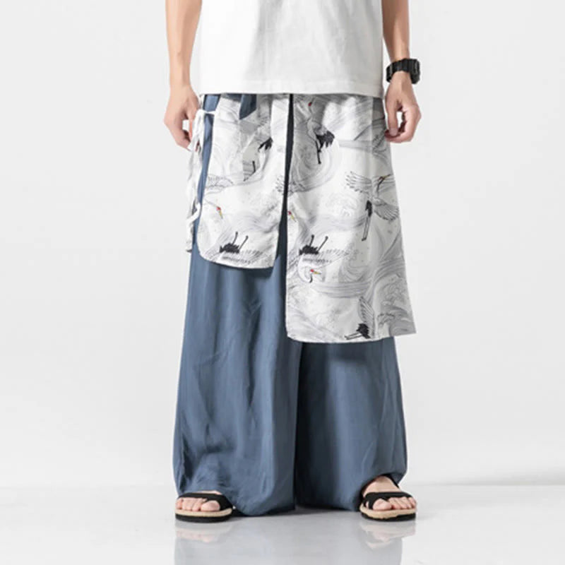 Buddha Stones Summer Flying Crane Design Cotton Men's Wide Leg Pants With Pockets