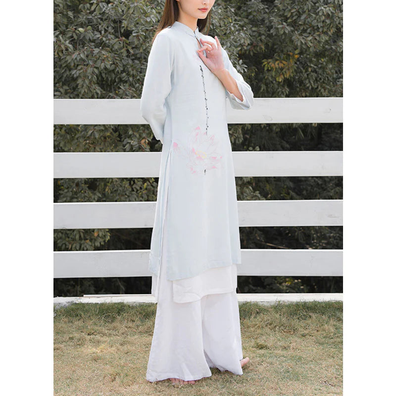 Buddha Stones 2Pcs Lotus Pattern Tai Chi Meditation Yoga Cotton Linen Clothing Top Pants Women's Set  (Extra 30% Off | USE CODE: FS30)