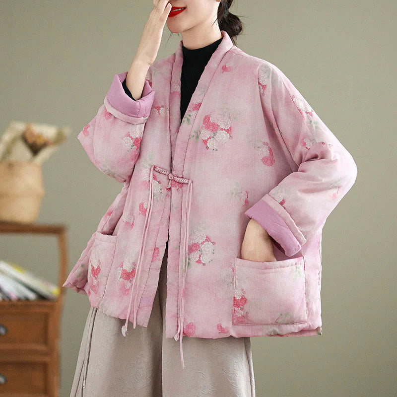 Buddha Stones Printed Flowers Women's Long Sleeve Jacket With Pockets