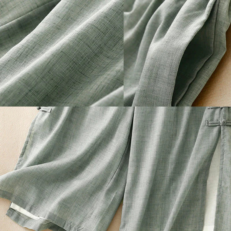 Buddha Stones Frog-Button Hem Slit Design Women's Wide Leg Cotton Linen Pants With Pockets