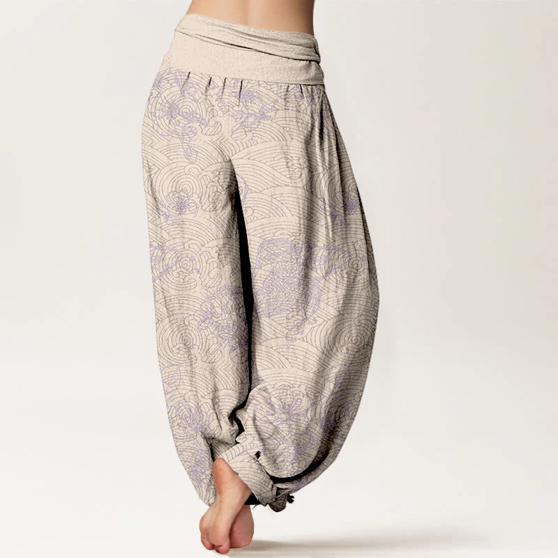 Buddha Stones Pure Cotton Exquisite Koi Fish Flowers Patterns Women's Elastic Waist Harem Pants