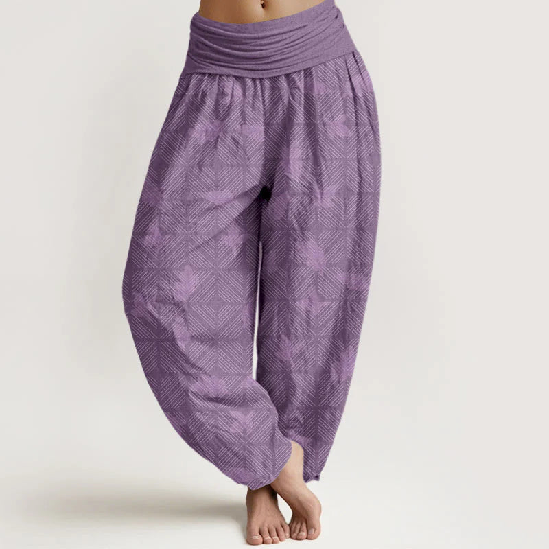 Buddha Stones Cotton Neatly Arranged Checkered Leaf Pattern Women's Elastic Waist Harem Pants