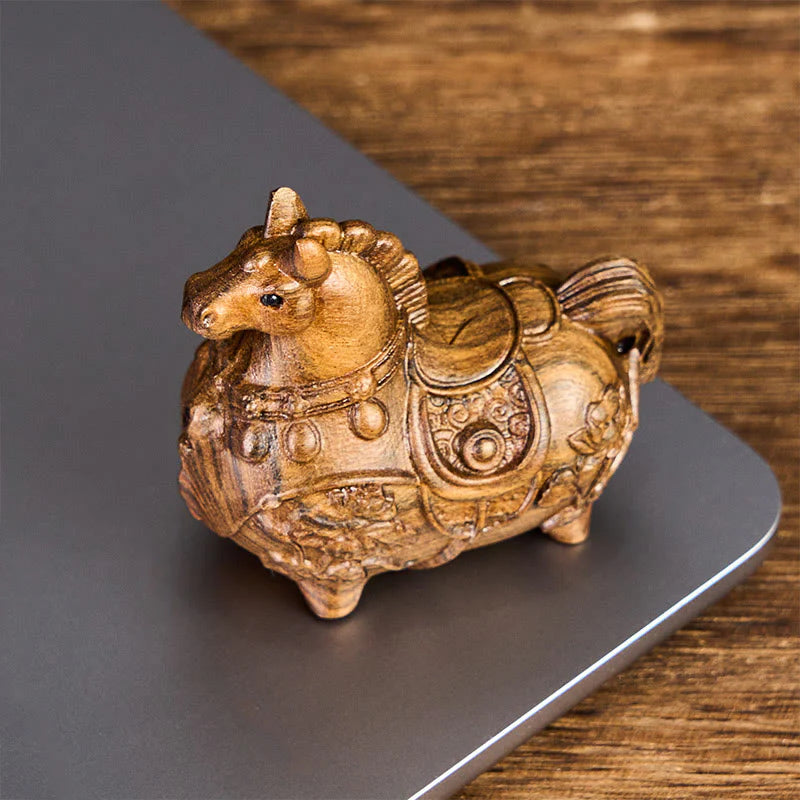 Buddha Stones Mini Year of the Horse Lotus Ebony Linden Wood Green Sandalwood Decoration 5.5*5*3.2cm