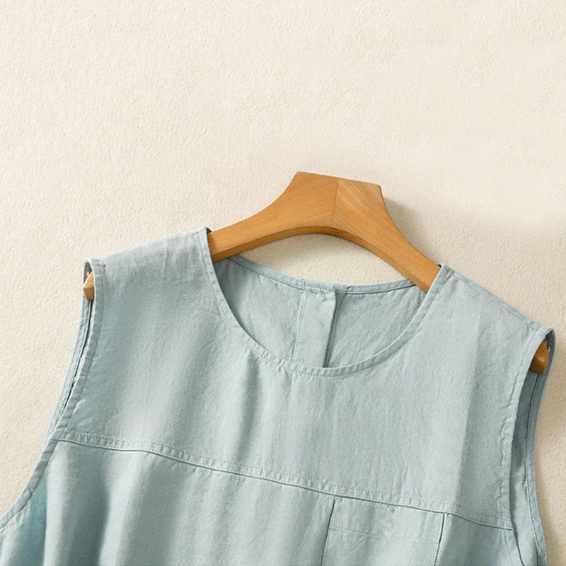 Buddha Stones Simple Crew Neck Button Design Women's Cotton Sleeveless Vest