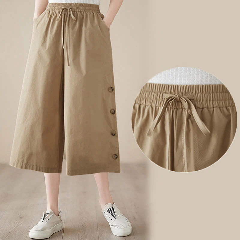 Buddha Stones Plain Buttoned Side Design Capri Cropped Women's Wide Leg Pants With Pockets