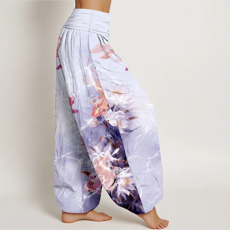Buddha Stones Pure Cotton Light-Colored Koi Fish Lotus Flower Pattern Women's Elastic Waist Harem Pants