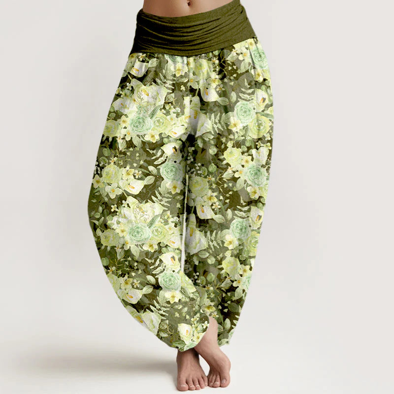 Buddha Stones Cotton Pastoral Flower Pattern Women's Elastic Waist Harem Pants