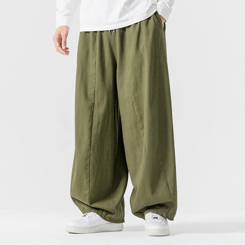 Buddha Stones Fall Solid Color Cotton Elastic Waist Men's Harem Pants With Pockets