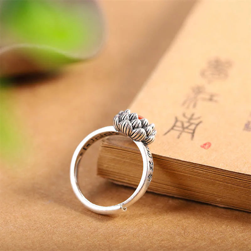 Buddha Stones925 Sterling Silver Lotus Red Agate Confidence Blessing Ring