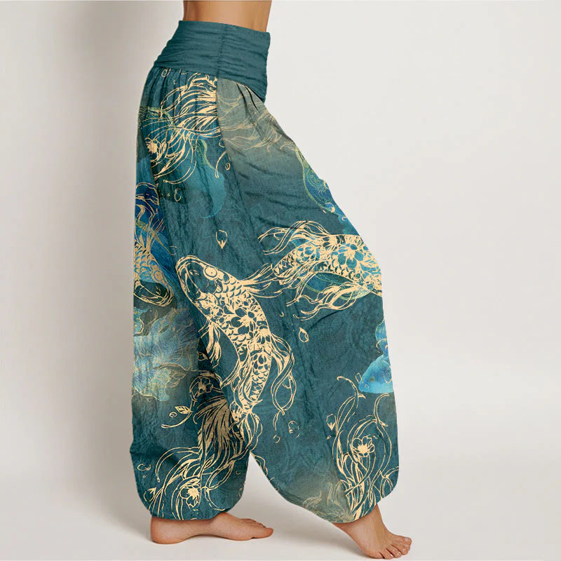 Buddha Stones Pure Cotton Lively Koi Fish Pattern Women's Elastic Waist Harem Pants