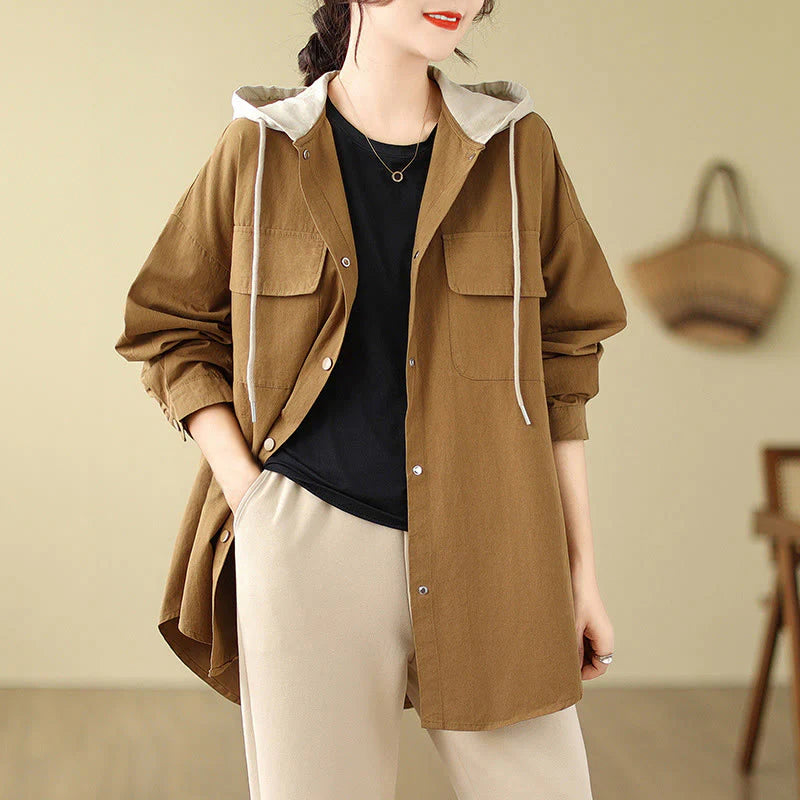 Buddha Stones Casual Commute Drawstring Hoodie Women's Cotton Linen Jacket With Pockets