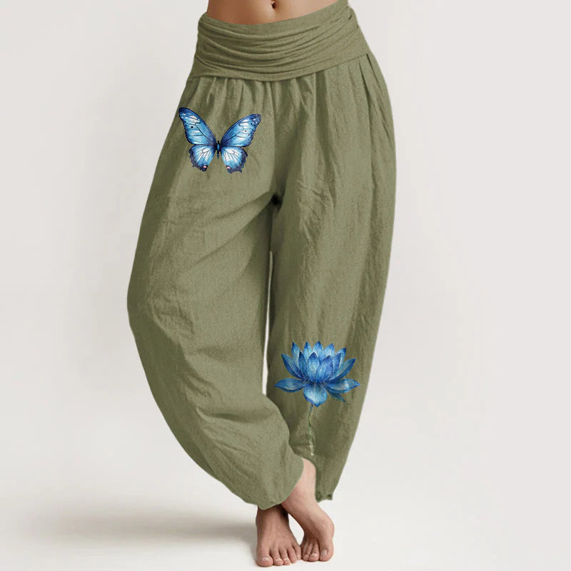 Buddha Stones Pure Cotton Dreamy Butterfly Lotus Pattern Women's Elastic Waist Harem Pants