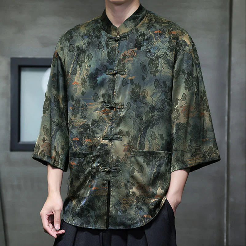 Buddha Stones Spring Frog-Button Dragon Mountain Flower Three Quarter Sleeve Tang Suit Men's Shirt With Pockets