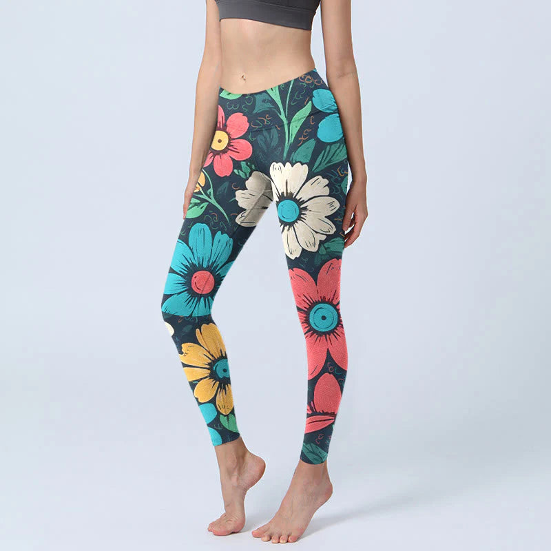 Buddha Stones Colorful Flower Pattern Print Gym Leggings Women's Yoga Pants