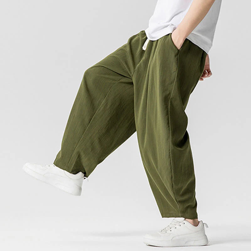 Buddha Stones Summer Pure Color Drawstring Men's Cotton Ankle-Length Pants With Pockets