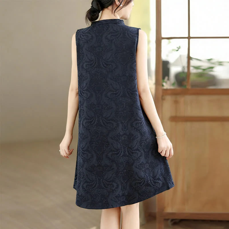 Buddha Stones Mandarin Collar Frog-button Jacquard Pattern Sleeveless Cotton Mini Dress With Pockets