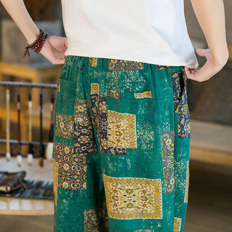 Buddha Stones Summer Square Patchwork Cotton Linen Men's Ankle-Length Harem Pants With Pockets