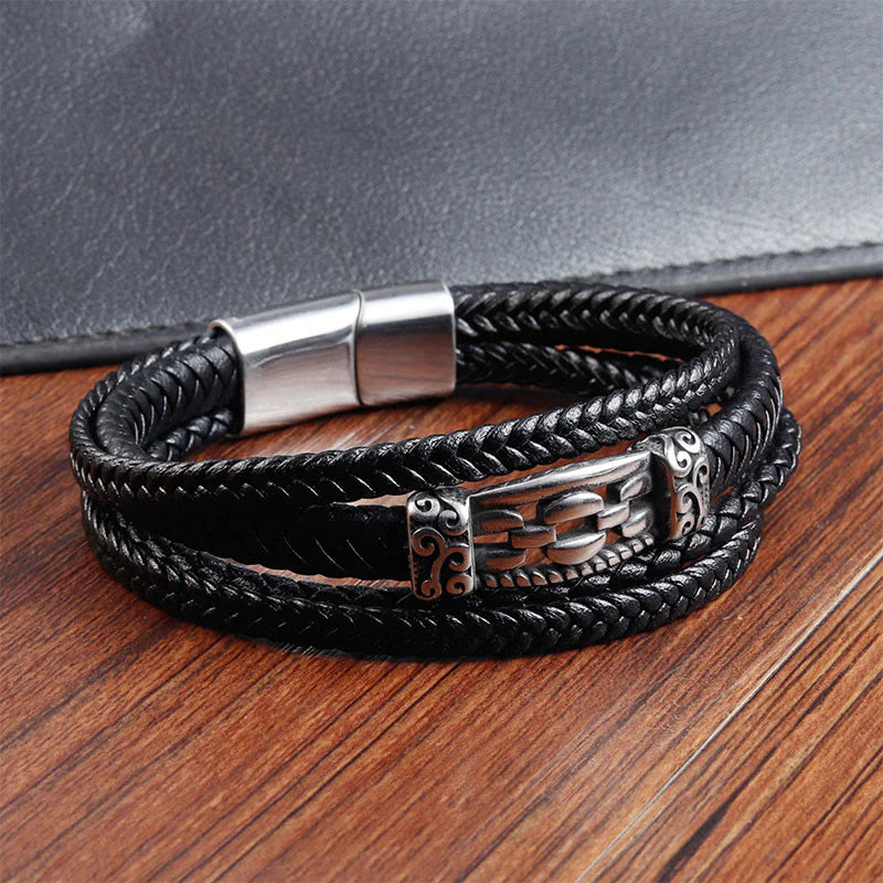 Buddha Stones Chain Link Design Titanium Steel Multi-layer Leather Balance Braided Bracelet
