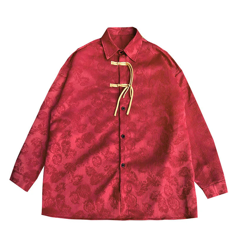 Buddha Stones Frog-Button Leaves Pattern Long Sleeve Men's Tang Suit Jacket