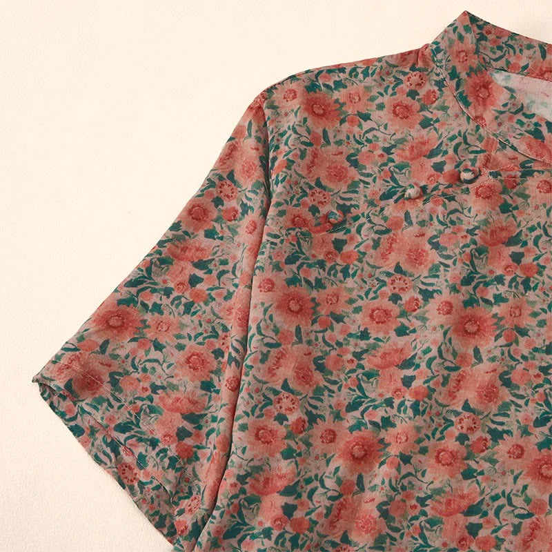 Buddha Stones Summer  Frog-Button Stand Collar Short Sleeve Flower Pattern Women's Cotton Shirt
