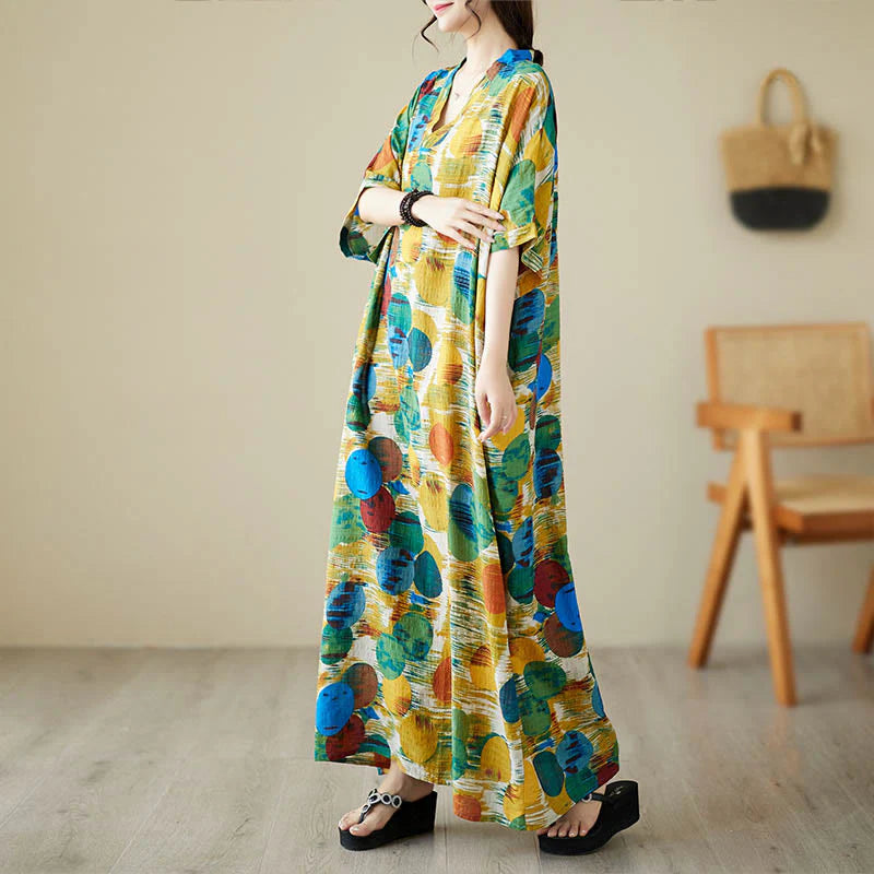 Buddha Stones Orange Blue Colorful Polka Dots Midi Dress Cotton Half Sleeve Dress With Pockets