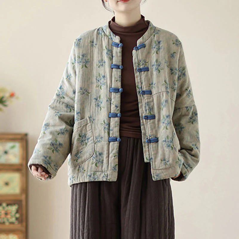 Buddha Stones Women's Long Sleeve Thermal Cotton Printed Florwer Pattern Jacket With Pockets