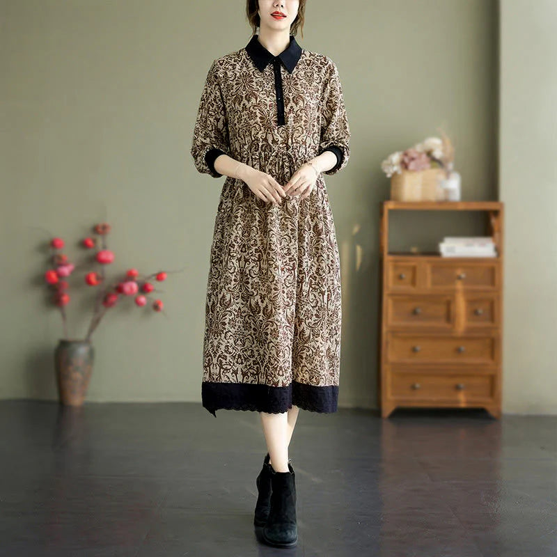 Buddha Stones Ethnic Printed Drawstring Long Sleeve Cotton Midi Dress With Pockets