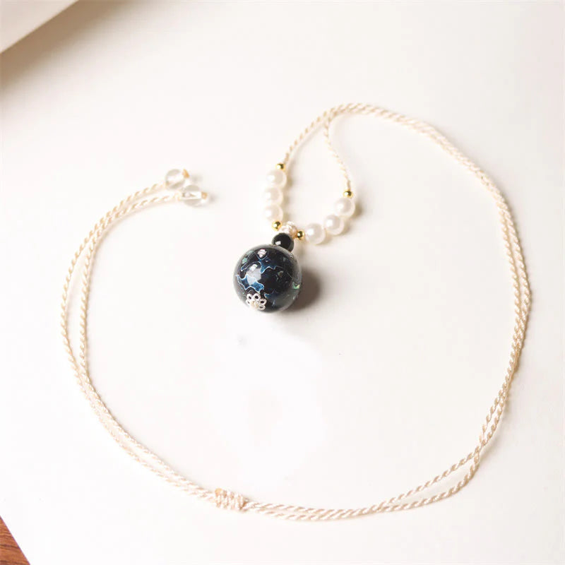 Buddha Stones Ebony Wood Aurora Lacquer Craft Bead Pearl Balance Necklace Pendant
