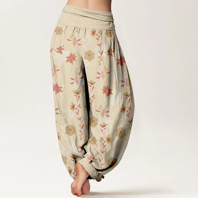 Buddha Stones Cotton Simple Refreshing Flower Leaf Pattern Women's Elastic Waist Harem Pants