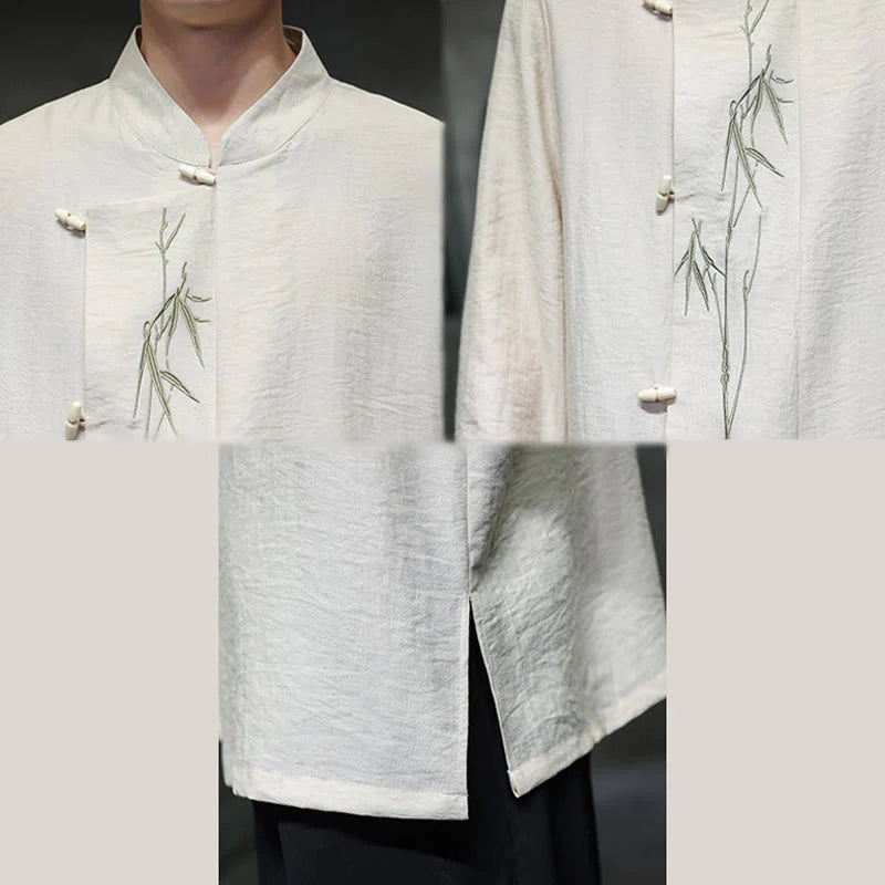 Buddha Stones Fall Solid Color Bamboo Leaf Embroidery Men's Long Sleeve Cotton Linen Shirt