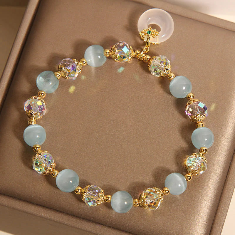 Buddha Stones Blue Cat's Eye White Crystal Peace Buckle Meaning Balance Bracelet