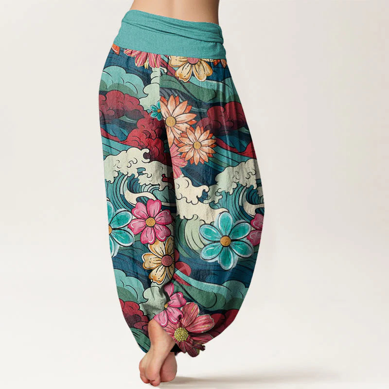 Buddha Stones Cotton Colorful Ocean Wave Various Flower Pattern Women's Elastic Waist Harem Pants