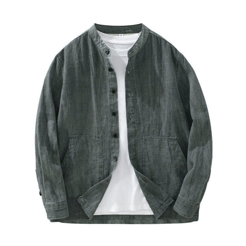 Buddha Stones Fall Plain Long Sleeve Buttons Design Men's Ramie Linen Cotton Shirts With Pocket