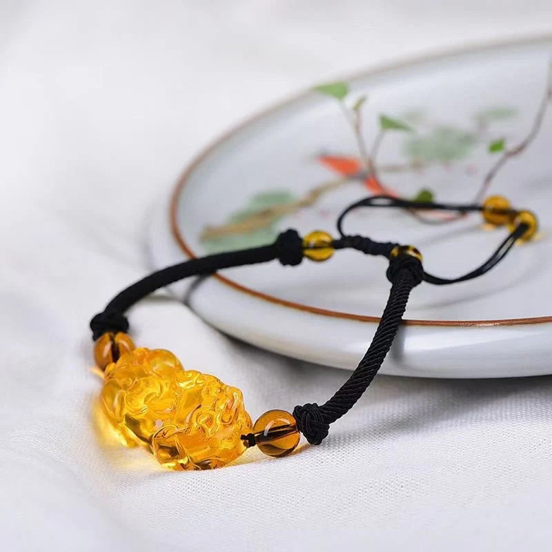 Buddha Stones Natural Obsidian Amethyst Citrine PiXiu Cooper Coin Wealth Bracelet