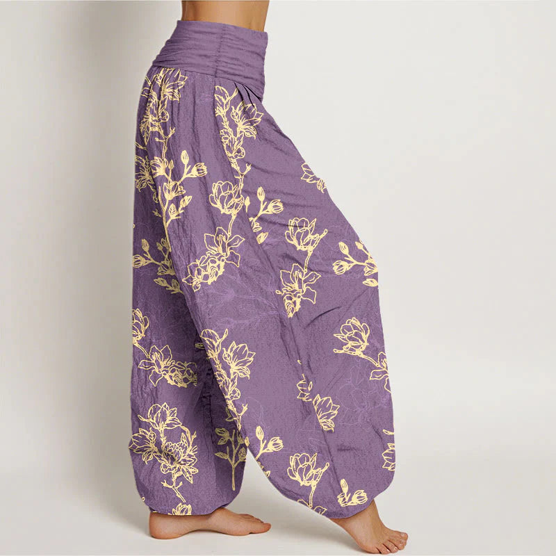 Buddha Stones Cotton Simple Flower Bud Pattern Women's Elastic Waist Harem Pants