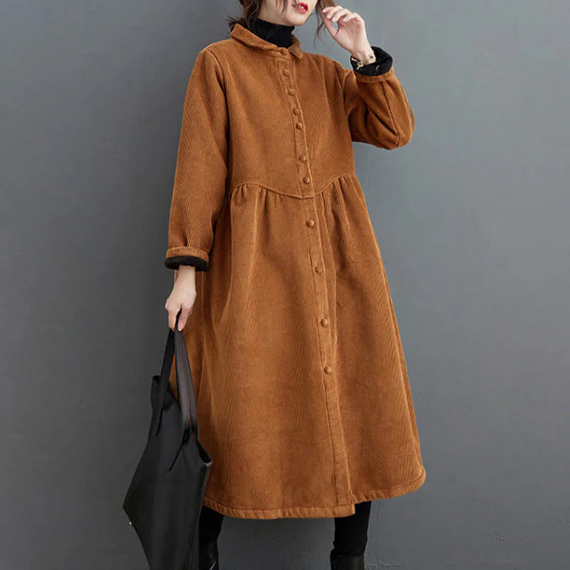 Buddha Stones Plain Buttons Long Sleeve Women's Cotton Corduroy Fleece-Lined Coat With Pockets