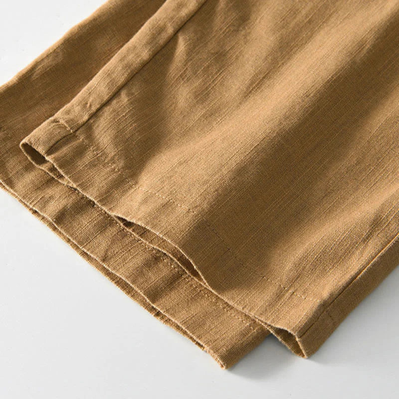 Buddha Stones Fall Solid Drawstring Zipper Men's Linen Wide Leg Pants With Pockets
