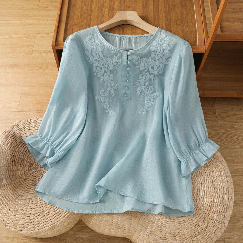 Buddha Stones Flower Vines Embroidery Button Crew Neck Three Quarter Sleeve Women's Cotton Shirt