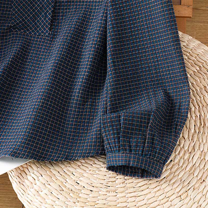 Buddha Stones Fall Blue Plaid V-Neck Buttons Design Women's Cotton Long Sleeve Shirt