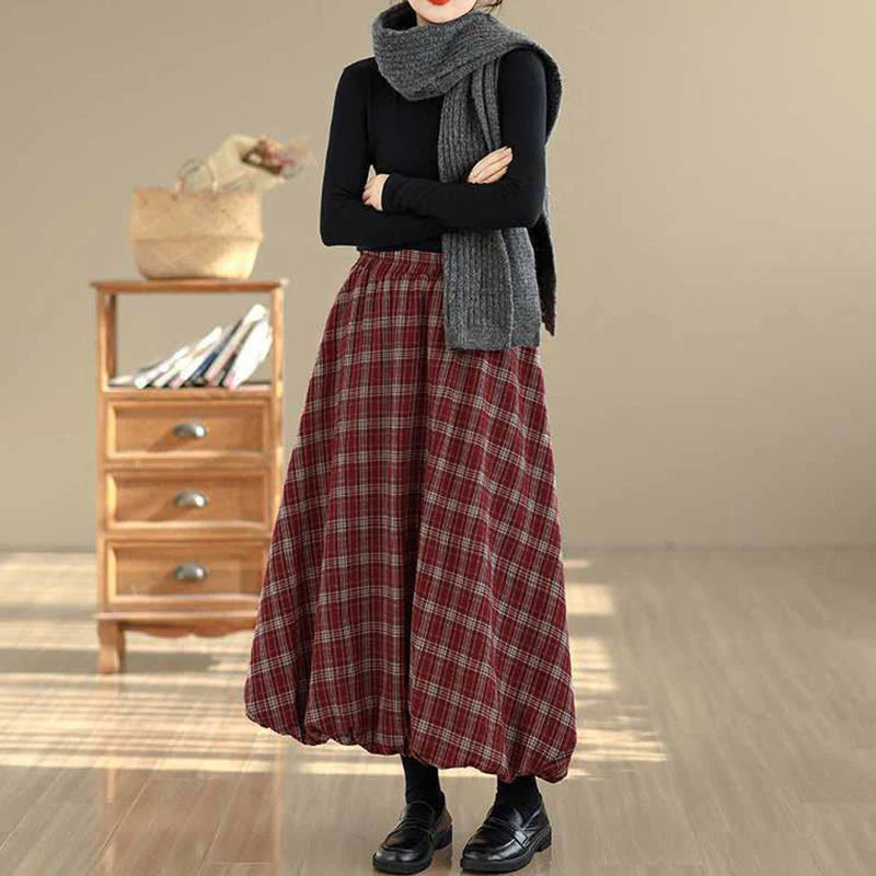 Buddha Stones Women's Plaid Pattern Cotton Skirt With Pockets