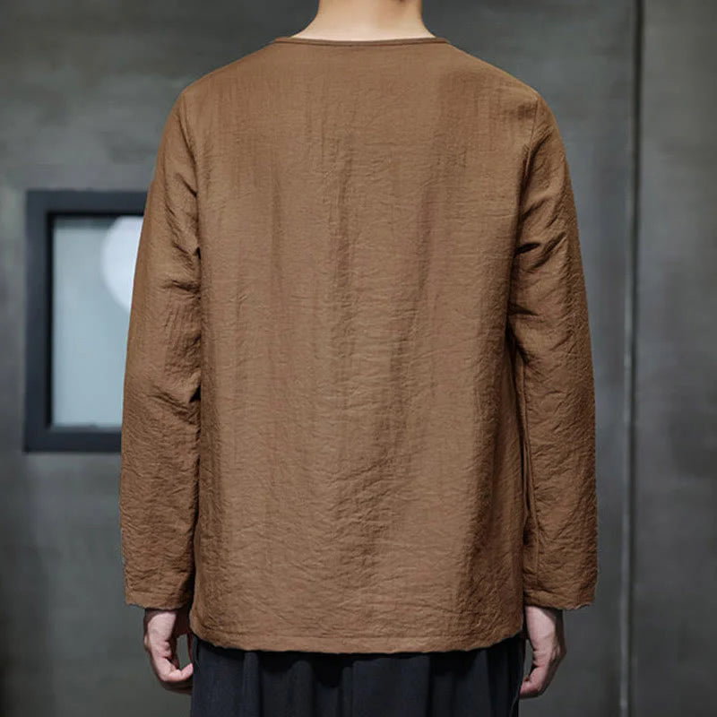 Buddha Stones Solid Color Loose Long Sleeve Round Neck Men's Shirts