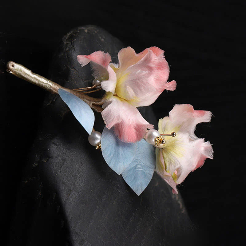 Buddha Stones Handcrafted Silk Art Pink Iris Flower Protection Brooch