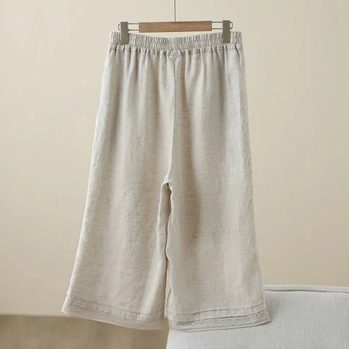 Buddha Stones Commute Retro Plain Lace Patchwork Design 7-8 Length Women's Wide Leg Cotton Pants With Pockets